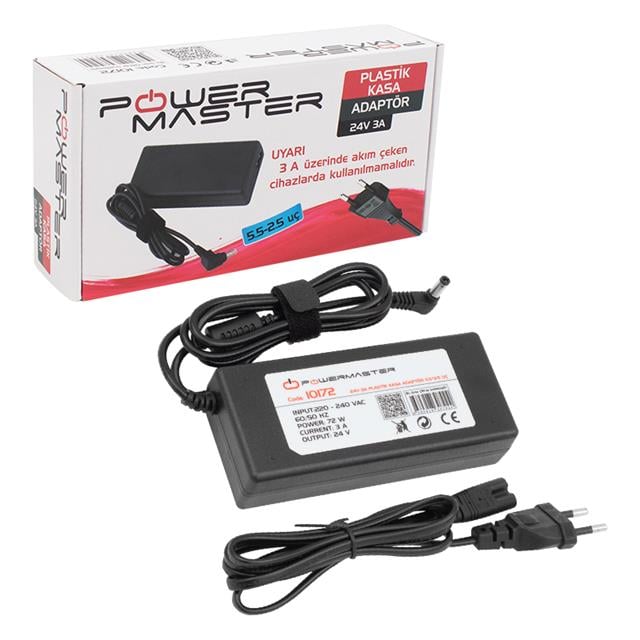 PowerMaster PM-10172 Ledx ALN-M24125 24 Volt 3 Amper 72 Watt 5.5x2.5 mm L Uçlu Plastik Kasa Masaüstü Adaptör
