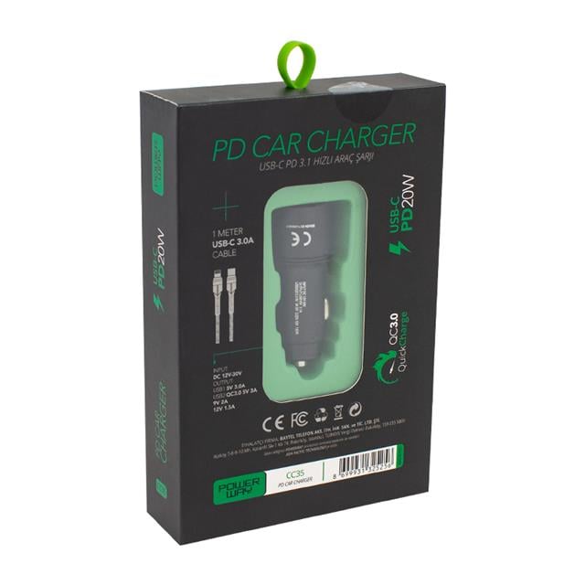 Powerway CC35 Yeni Nesil USB-C (iPhone To Type-C) Araç Şarj Seti (PD18W)