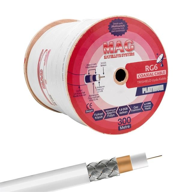 Mag Platinum RG6/U4 Trishield 64 Tel Koaksiyel 300 Metre Anten Uydu Kablosu