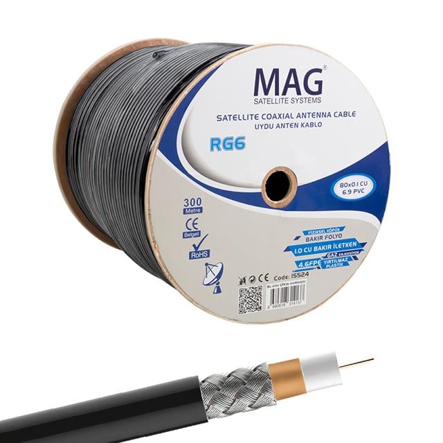 Mag RG6-U6 Cu-Cu Bakır Yeşil Anten Kablo 300 Mt
