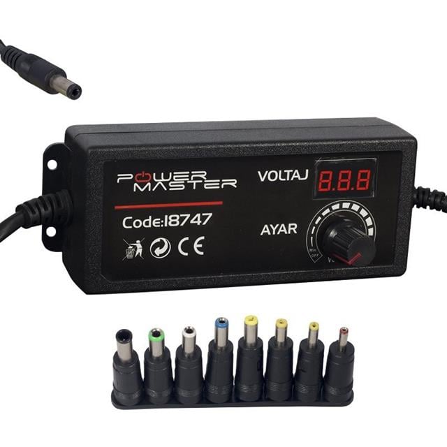 Powermaster PM-18747 Dijital Ekranlı 12 Volt - 24 Volt / 5 Amper Çok Uçlu Ayarlı Kademeli Adaptör