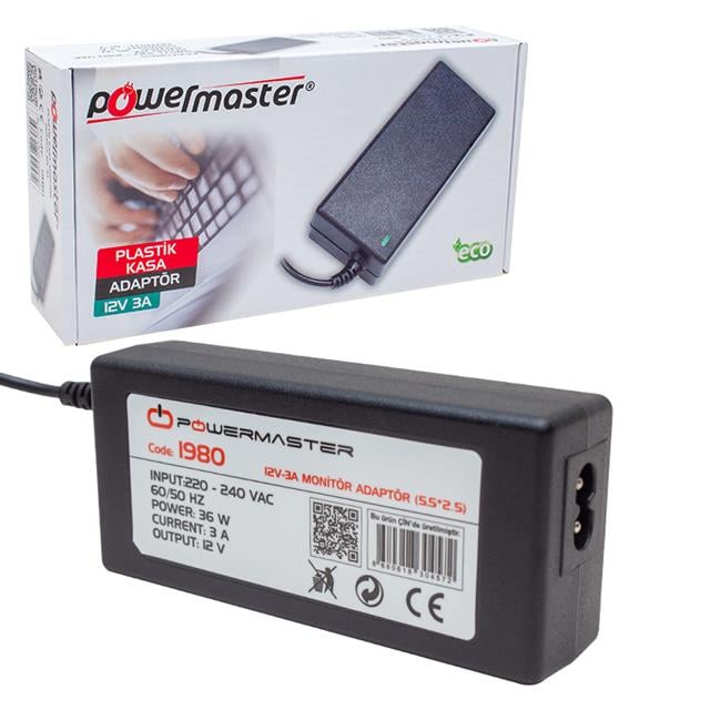 Powermaster PM-1980 12 Volt - 3 Amper - 36 Watt 5.5*2.5 Mm Uçlu Plastik Kasa Masaüstü Adaptör