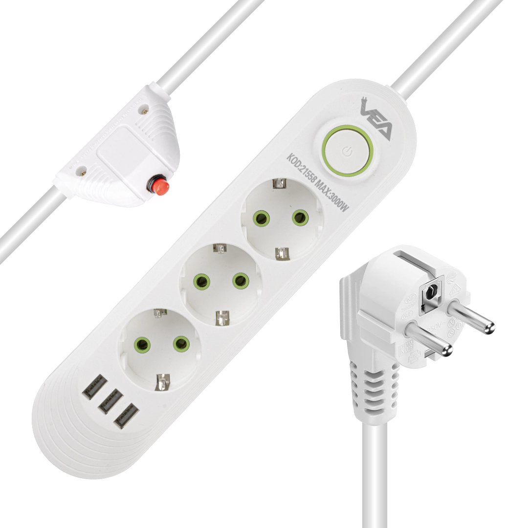 Akım Korumalı Grup Priz 3’Lü ON/OFF Anahtarlı 1.5 Metre Kablolu 3 Usb’li 3000w, 16 Amper, Kablo Üstünde Termal Koruma Sigortalı, Çocuk Korumalı, Topraklı