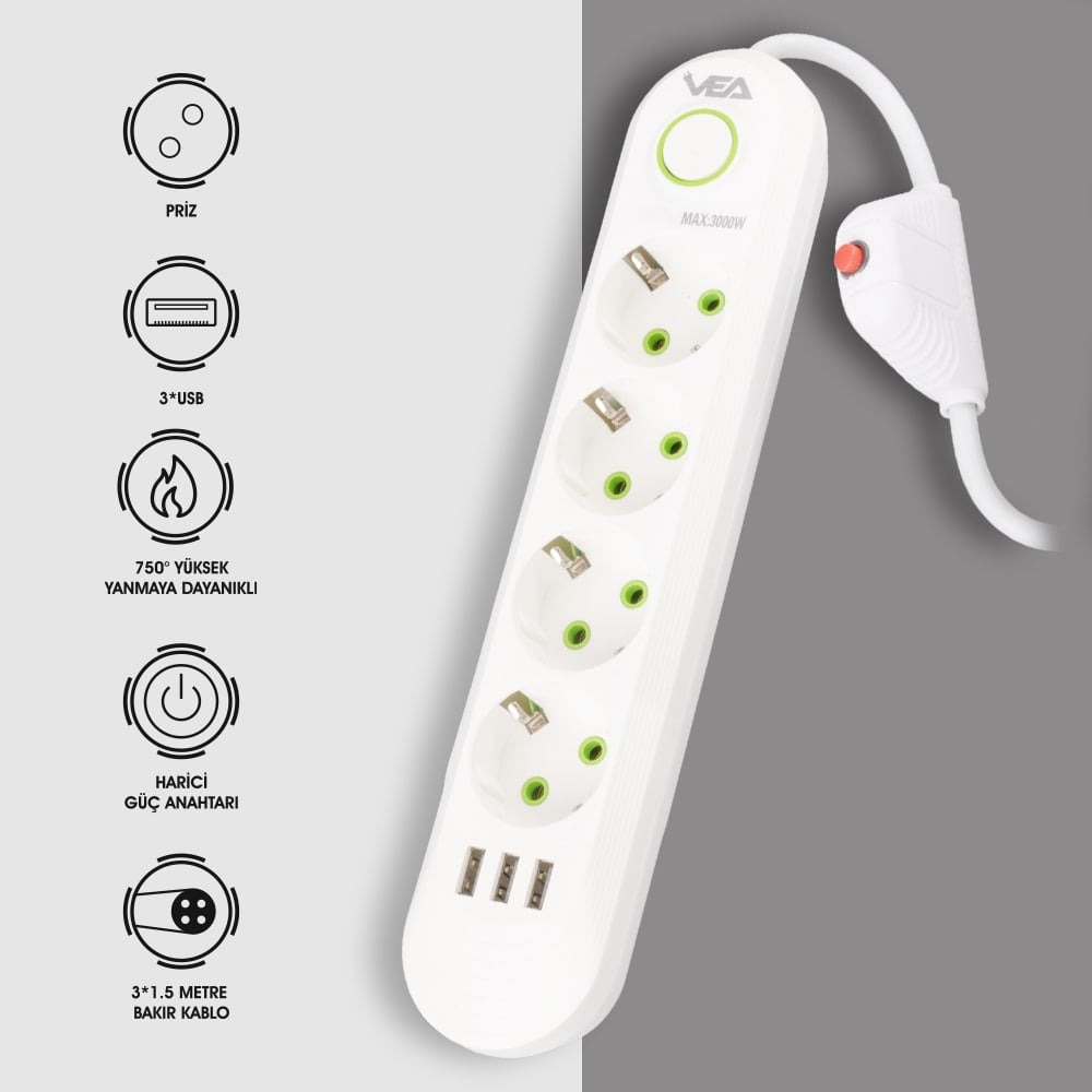 TC-21560%204’Lü%201.5%20Metre%20Kablolu%203%20USB’Li%20Beyaz%20Akım%20Korumalı%20Priz