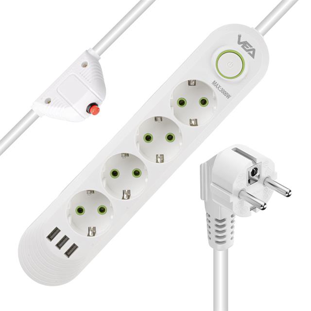 Vea VA-21560 4’lü 3 USB’li 1.5 Metre Akım Korumalı Priz Beyaz