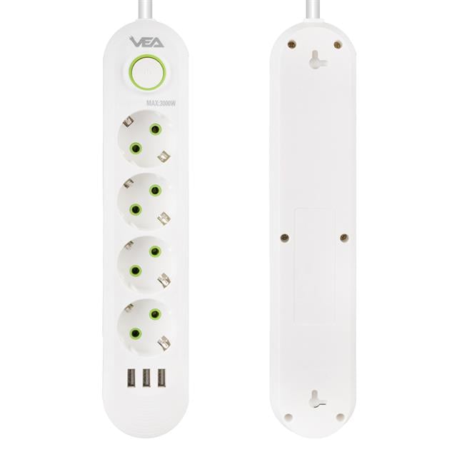 Vea VA-21560 4’lü 3 USB’li 1.5 Metre Akım Korumalı Priz Beyaz