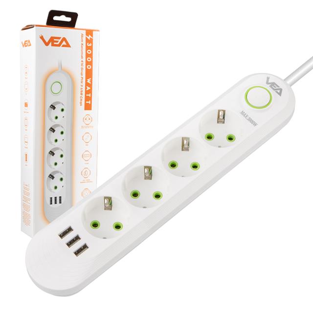 Vea VA-21560 4’lü 3 USB’li 1.5 Metre Akım Korumalı Priz Beyaz