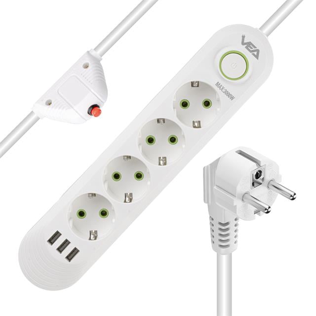 Vea VA-21560 4’lü 3 USB’li 1.5 Metre Akım Korumalı Priz Beyaz