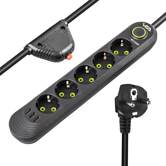 Vea VA-21561 5’li 3 USB’li 1.5 Metre Akım Korumalı Priz Siyah