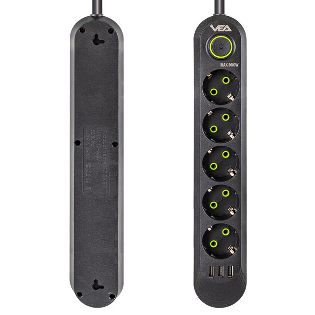 Vea VA-21561 5’li 3 USB’li 1.5 Metre Akım Korumalı Priz Siyah