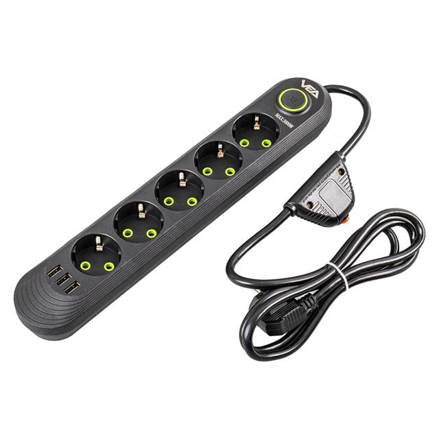 Vea VA-21561 5’li 3 USB’li 1.5 Metre Akım Korumalı Priz Siyah