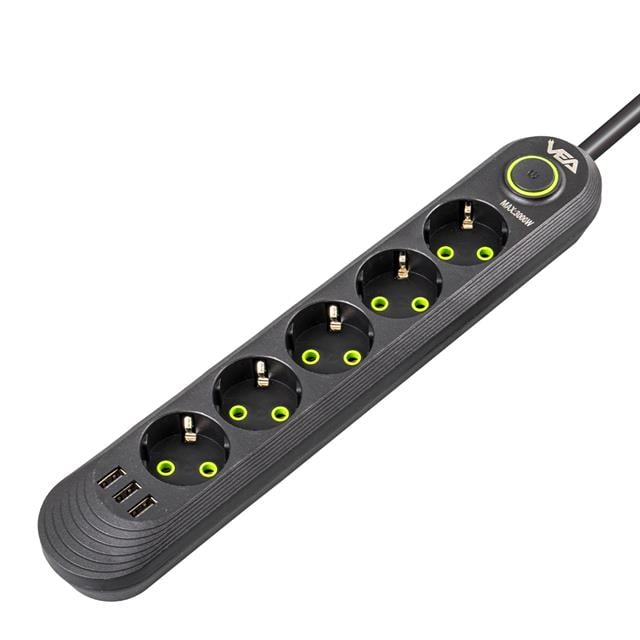 Vea VA-21561 5’li 3 USB’li 1.5 Metre Akım Korumalı Priz Siyah