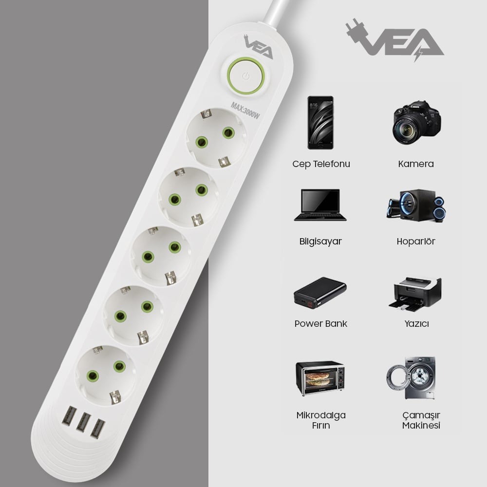 TC-21562%205’Li%201.5%20Metre%20Kablolu%203%20USB’Li%20Beyaz%20Akım%20Korumalı%20Priz