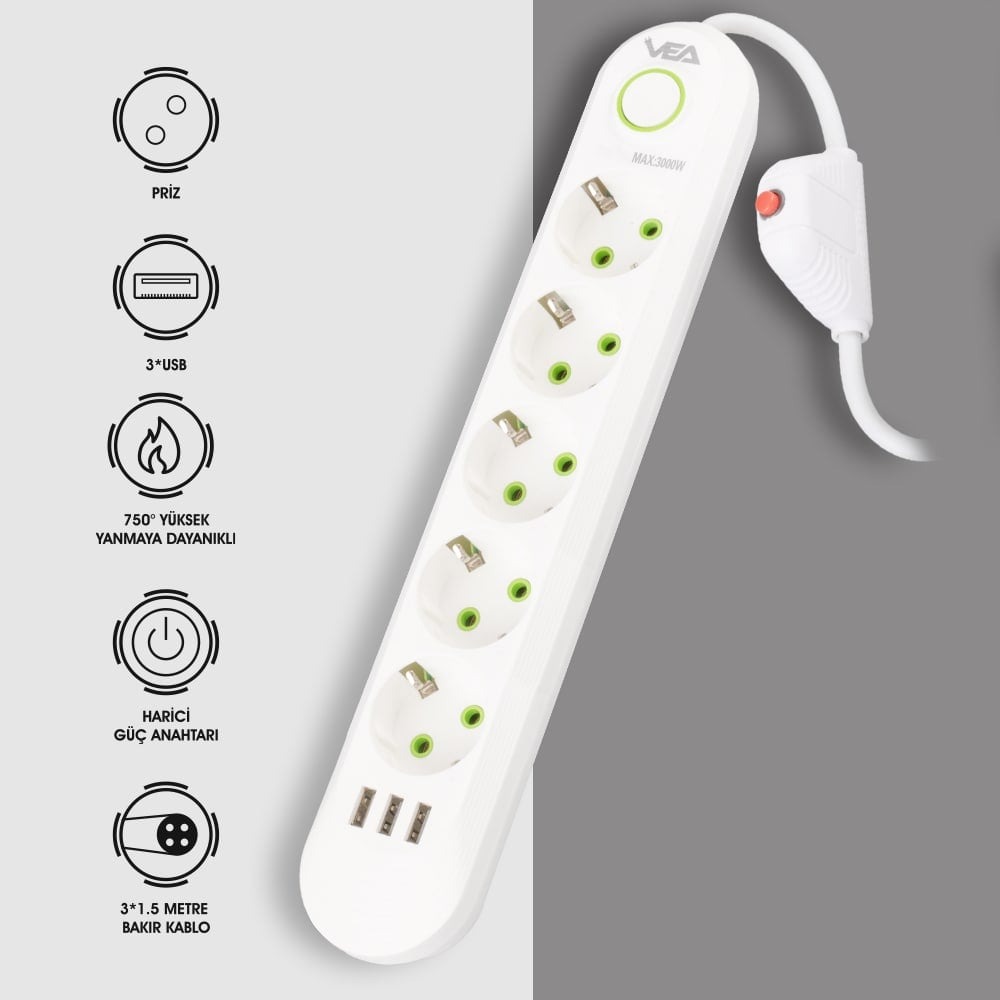 TC-21562%205’Li%201.5%20Metre%20Kablolu%203%20USB’Li%20Beyaz%20Akım%20Korumalı%20Priz
