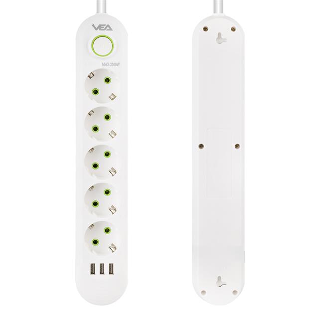 Vea VA-21562 5’li 3 USB’li 1.5 Metre Akım Korumalı Priz Beyaz