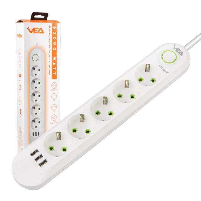 Vea VA-21562 5’li 3 USB’li 1.5 Metre Akım Korumalı Priz Beyaz