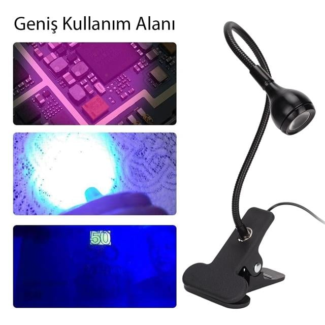 PowerMaster UV Mor Işık Sahte Para Kontrol - Yapışkan Kurutma Lambası Esnek Masa Lambası 3 Watt