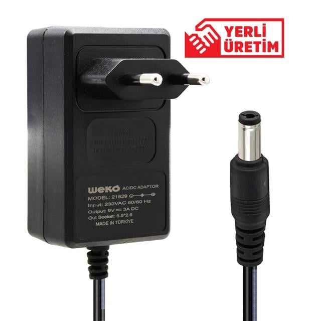 Weko 9 Volt - 3 Amper  5.5x2.5 Uçlu Priz Tipi Plastik Kasa Adaptör