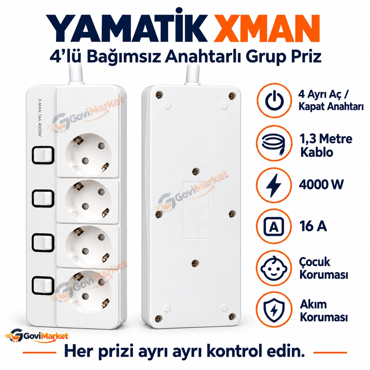 Yamatik X-MAN-104 A-CLASS 4’lü Ayrı Anahtarlı 1.3 Metre Akım Korumalı Grup Priz 1400 Joule
