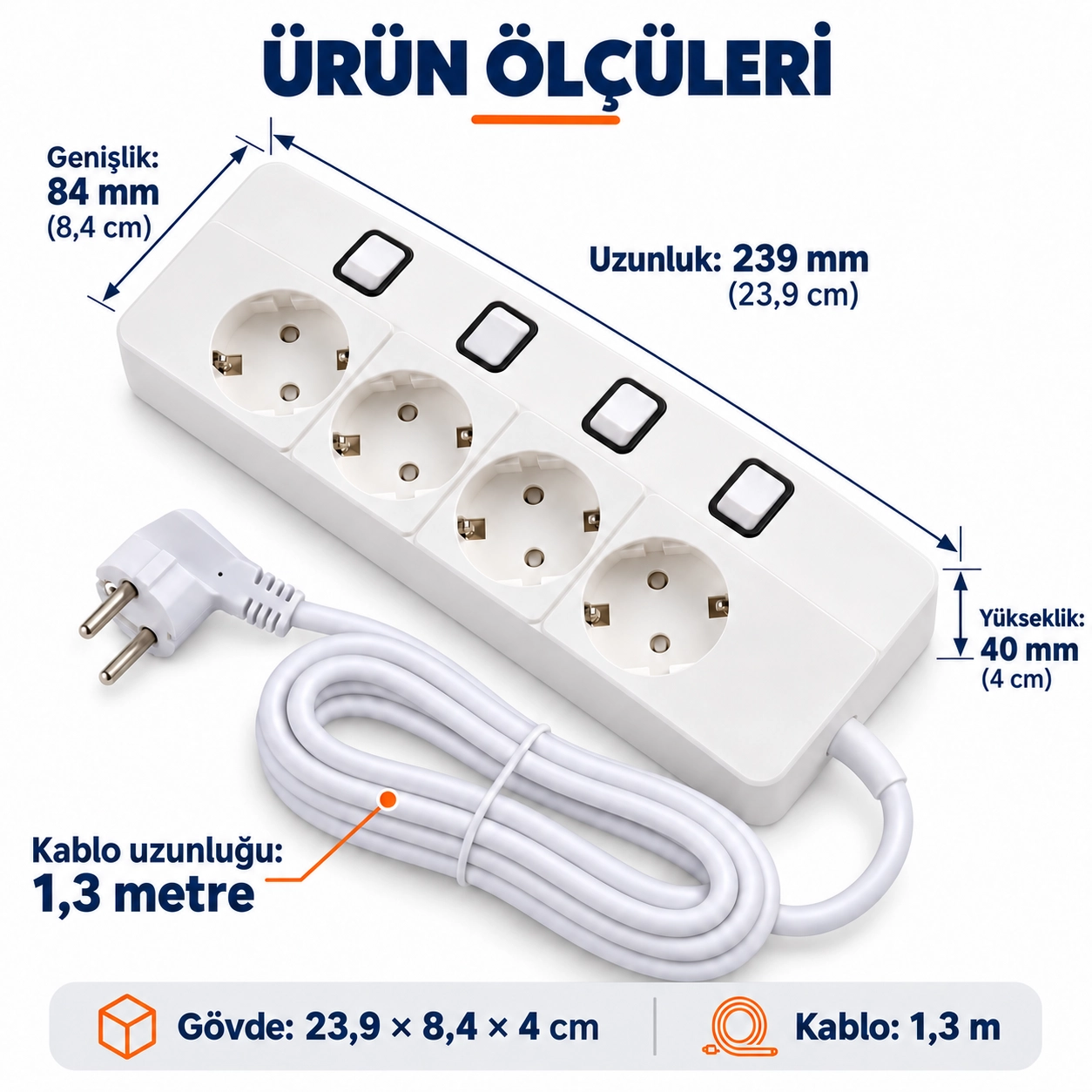 Yamatik X-MAN-104 A-CLASS 4’lü Ayrı Anahtarlı 1.3 Metre Akım Korumalı Grup Priz 1400 Joule