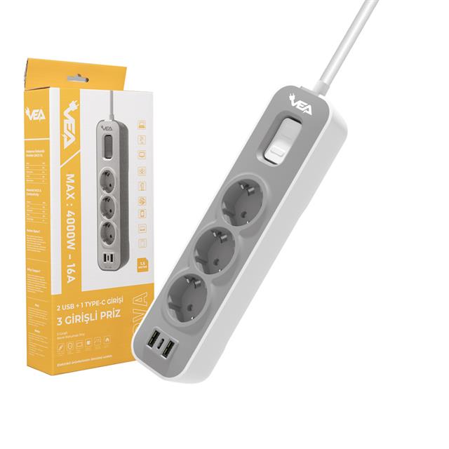 Vea VE-NOVA103U A Class 3’lü 2 Usb’li Anahtarlı 1.5 Metre Akım Korumalı Priz