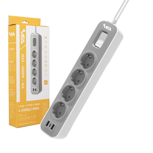 Vea VE-NOVA104U A Class 4’lü 2 Usb’li Anahtarlı 1.5 Metre Grup Priz