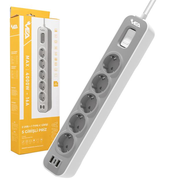 Vea VE-NOVA105U A Class 5’li 2 Usb’li Anahtarlı 1.5 Metre Akım Korumalı Priz