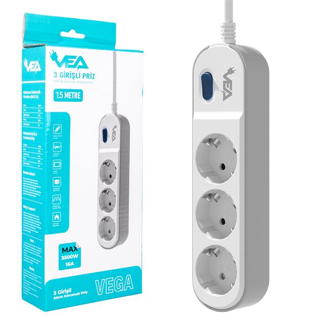 Vea VE-VEGA103 A Class 3’lü Anahtarlı 1.5 Metre Akım Korumalı Priz