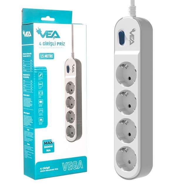 Vea VE-VEGA104 A Class 4’lü Anahtarlı 1.5 Metre Akım Korumalı Priz