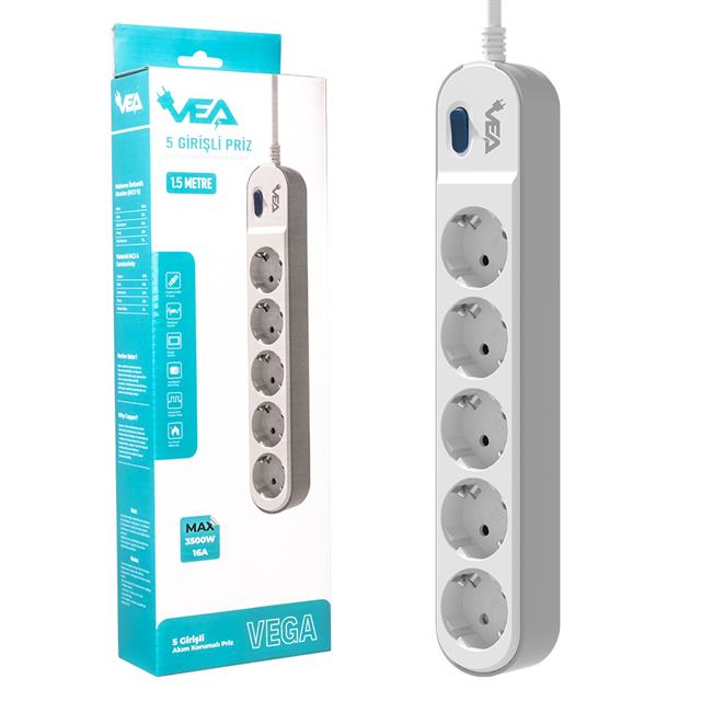 Vea VE-VEGA105 A Class 5’li Anahtarlı 1.5 Metre Akım Korumalı Priz