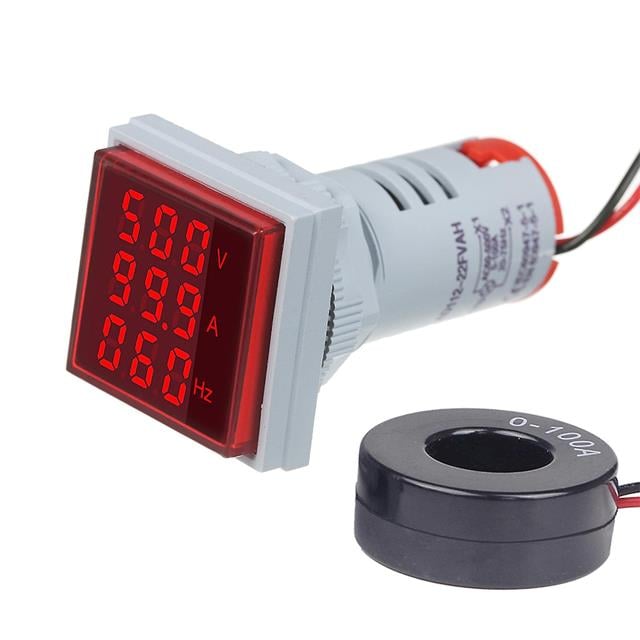 PowerMaster AD22-22VAHS 22MM 50-380V AC Voltmetre 0-100 Ampermetre Hertzmetre 0-99HZ Kare Kırmızı