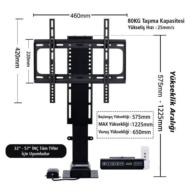 PowerMaster PM-24928 32’’ - 57’’ İnç Ayarlanabilir Yükseklik Uzaktan Kumandalı TV Kaldırma Lift Asansörü