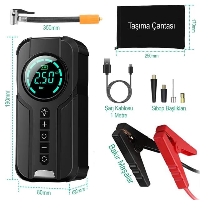 PowerMaster Powerbank Araç Akü Şarj Lastik Hava Kompresörü Şişirici Taşınabilir Dijital Kablosuz El Feneri