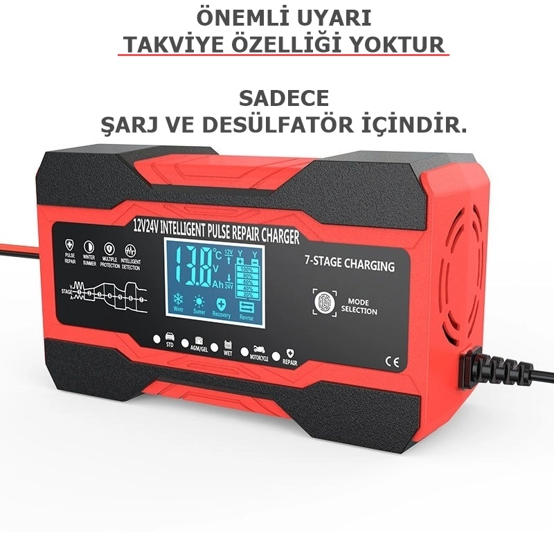 12V Desülfatör Akü Şarj Cihazı 10AH Jel Asitli Sulu Aküler Için (Takviye Özelliği Yoktur)