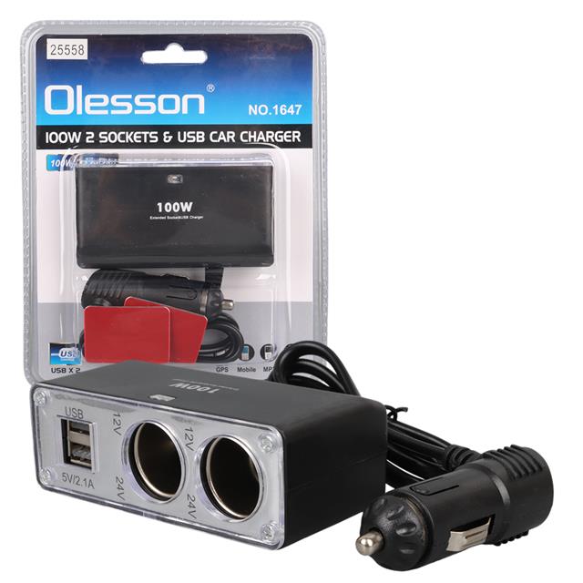 Olesson 1647 12-24V Çift USB Girişli 100W 70cm Kablolu 2’li Araç Çakmak Çoklayıcı