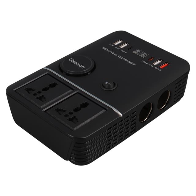 Olesson 1661 DC 12-24V 200W Oto Araç Power İnverter 2x Çakmak Girişi - 2x TYPE-C - 4x USB - 2x 220V Üniversal Priz