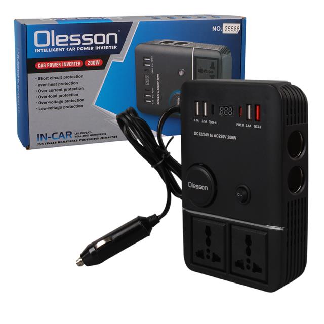 Olesson 1661 DC 12-24V 200W Oto Araç Power İnverter 2x Çakmak Girişi - 2x TYPE-C - 4x USB - 2x 220V Üniversal Priz