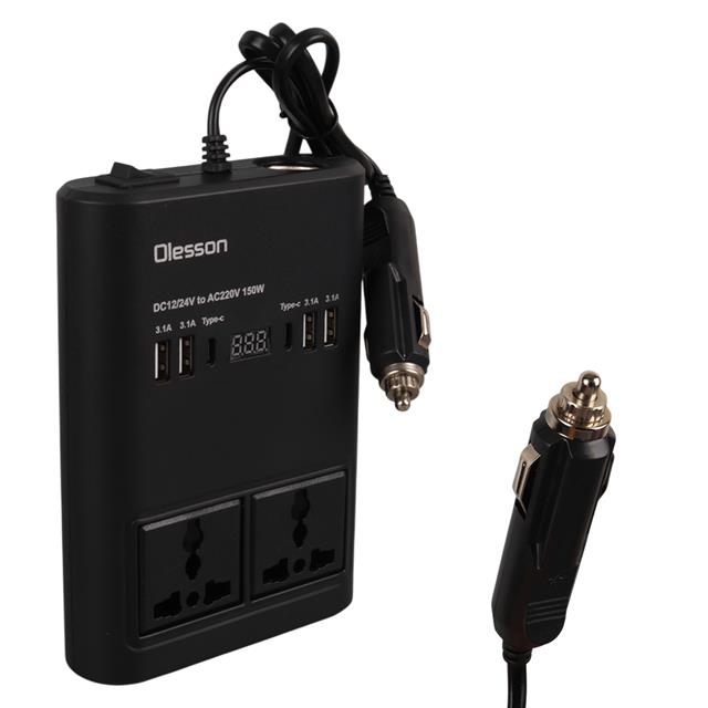 Olesson 1662 DC 12-24V 150W Oto Araç Power İnverter Ek Çakmak Girişi - 2x TYPE-C - 4x USB - 2x 220V Üniversal Priz