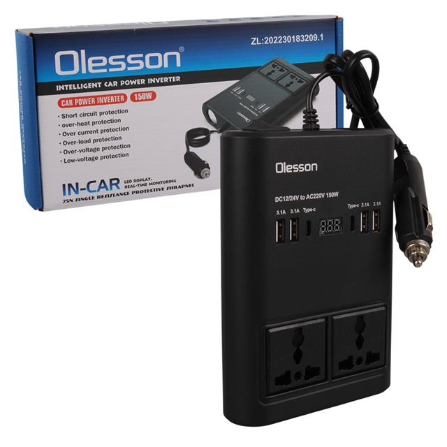 Olesson 1662 DC 12-24V 150W Oto Araç Power İnverter Ek Çakmak Girişi - 2x TYPE-C - 4x USB - 2x 220V Üniversal Priz