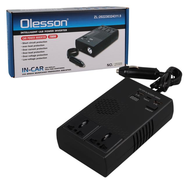 Olesson 1664 DC 12-24V 200W Oto Araç Power İnverter 1x Çakmak Girişi - 1x TYPE-C - 2x USB - 2x 220V Üniversal Priz