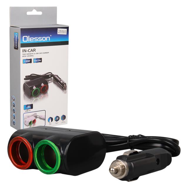Olesson 1631 12-24V Tek USB Girişli 120W 80cm Kablolu 2’LI Araç Çakmak Çoklayıcı