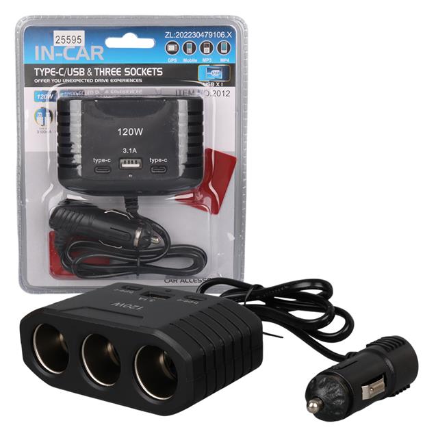Olesson 2012 12-24V Çift TYPE-C - Tek USB Girişli 120W 80cm Kablolu 3’LÜ Araç Çakmak Çoklayıcı