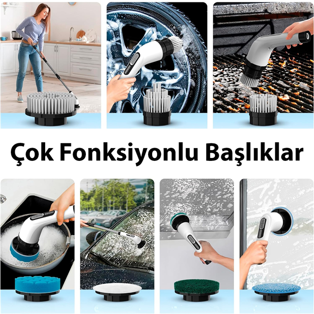 Sunup SN-26239 9’u 1 Arada Çok Amaçlı Kablosuz Şarjlı Temizlik Fırçası IP67 Yıkanabilir Başlık