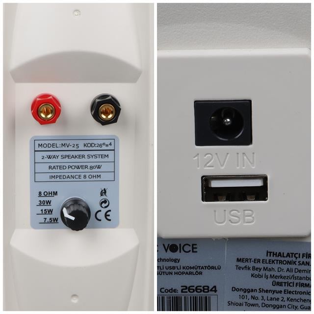 MagicVoice MV-25 16 CM 80 Watt Komütatörlü Hat Trafolu Beyaz Sütun Hoparlör (2’li Takım)