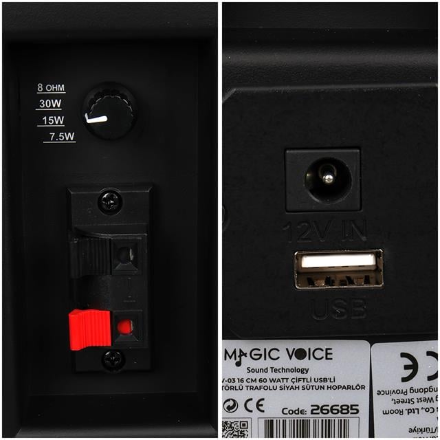 MagicVoice MV-03 16 CM 60 Watt Komütatörlü Hat Trafolu Siyah Sütun Hoparlör (2’li Takım)