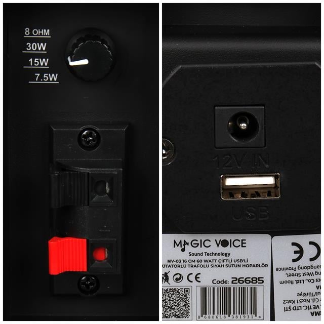 MagicVoice MV-19 2x7.5 CM 40 Watt Komütatörlü Hat Trafolu Siyah Sütun Hoparlör (2’li Takım)