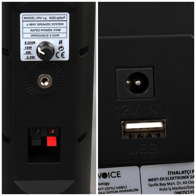 MagicVoice MV-26 2x7.5 CM 50 Watt Komütatörlü Hat Trafolu Siyah Sütun Hoparlör (2’li Takım)