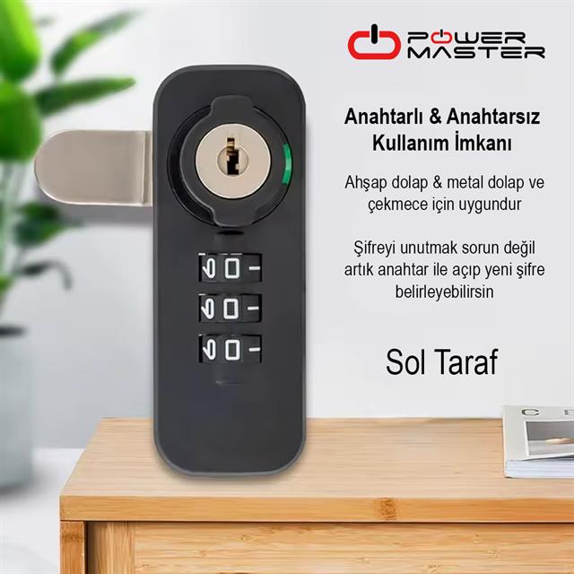 PowerMaster PM-26725 3 Haneli Şifreli Ve Anahtarlı Mekanik Siyah Çekmece Dolap Kilidi (Sol)