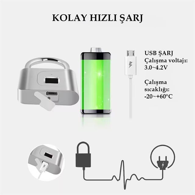 Powermaster PM-26729 Anahtarsız Şarjlı Parmak İzi Güvenlik Kilidi Asma Kilit 