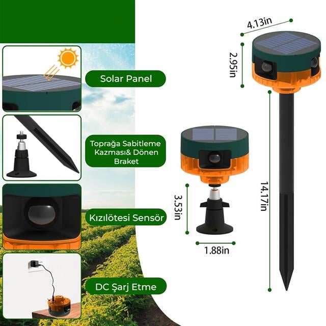 PowerMaster PM-26947 13 Farklı Sesli Hayvan Kovucu Alarm Cihazı Mikrofonlu Solar Panelli